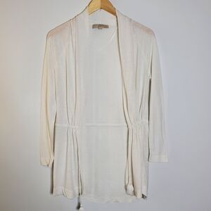 Ann Taylor LOFT White sheer Open Hand drawstring waist Linen Blend cardigan